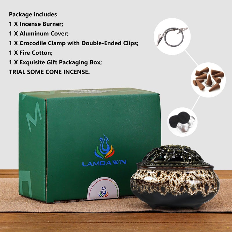 LamDawn Incense Burner with Calabash Incense Stick Holder - Porcelain Charcoal Censer for Use with Resin Granular Powder Cone or Coil Incense (Fambe Gray) - Image 4